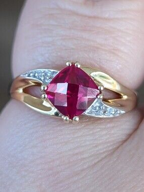10K Gold Cushion Cut Ruby Ring With Diamond Accents